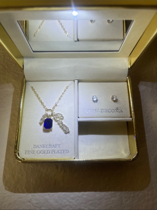 Jewelry - Gold-Plated Blue Pendant Necklace & Crystal Stud Earrings. Never worn necklace.
